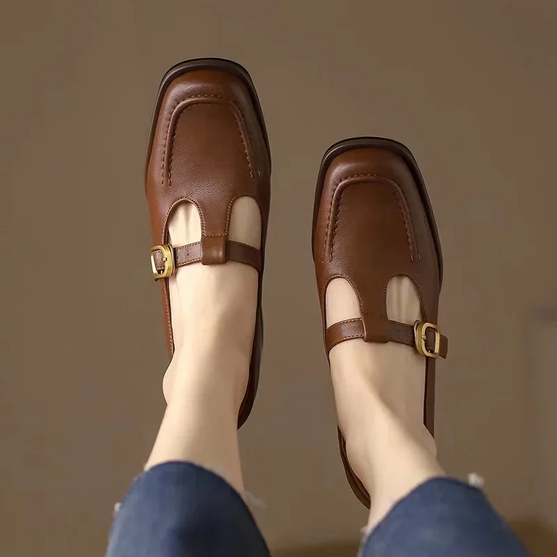 Elegant Leather Mary Jane Loafers for Women with T Strap Buckle Square Toe Block Heel Vintage Style