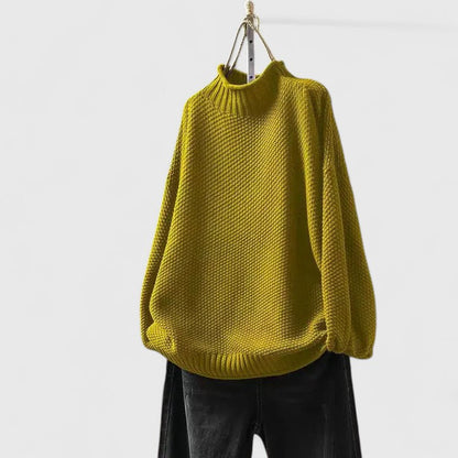 Comfortable Chunky Sweater for Women with Mock Neck Long Sleeve Relaxed Oversized Curved Hem Style