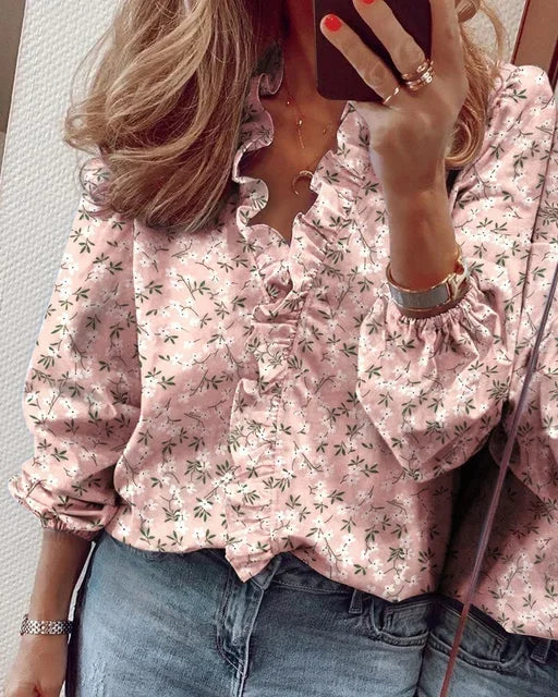 Effortless Ruffle Trim Blouse for Women with V Neck Long Sleeve Elastic Cuff Casual Style