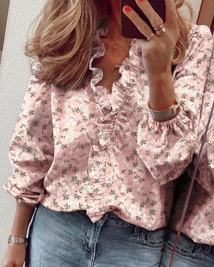 Effortless Ruffle Trim Blouse for Women with V Neck Long Sleeve Elastic Cuff Casual Style
