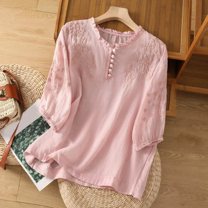 Effortless Embroidered Floral Blouse for Women with Ruffle V Neck Elbow Sleeve Button Front Boho Style