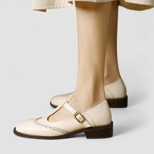 Elegant Leather Mary Jane Shoe for Women with T Strap Buckle Wingtip Brogue Style