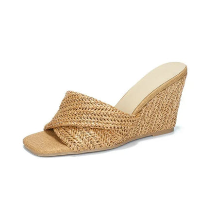 Stylish Woven Raffia Wedge Sandal for Women with Crisscross Open Toe Braided Strap Platform Style
