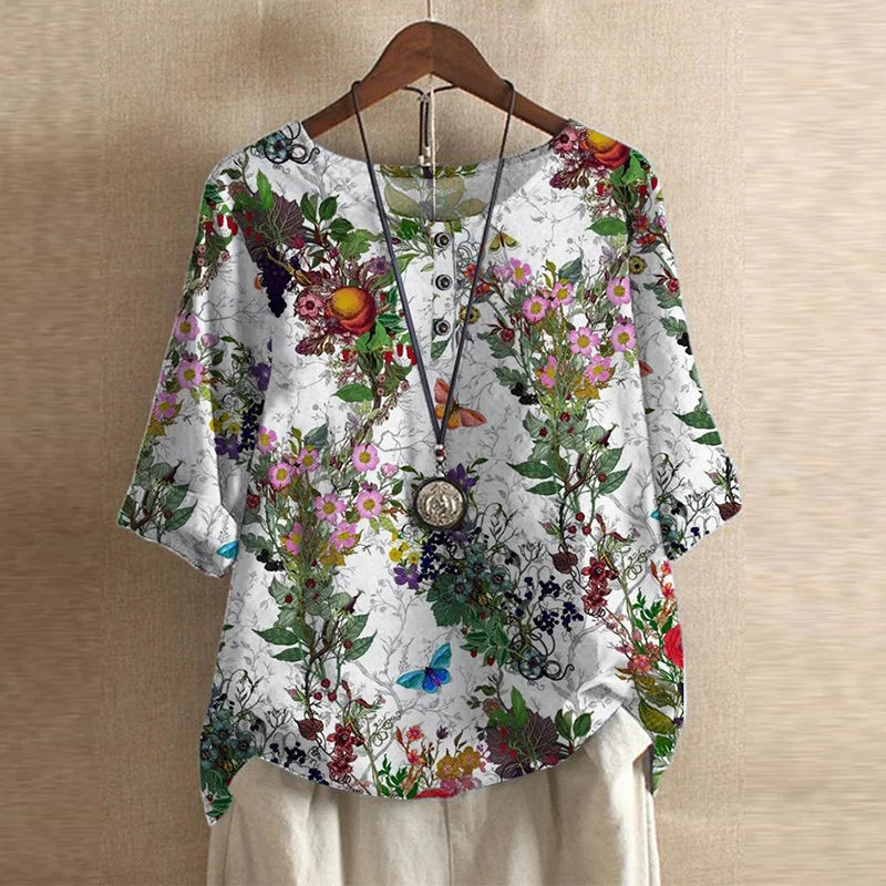 Effortless Patchwork Print Blouse for Women with Round Neck Half Sleeve Button Detail Boho Style
