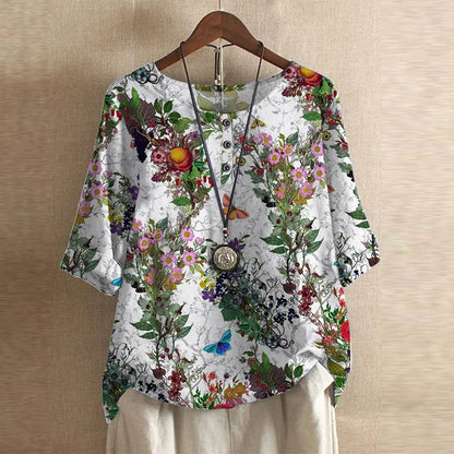 Effortless Patchwork Print Blouse for Women with Round Neck Half Sleeve Button Detail Boho Style