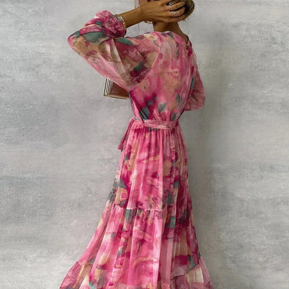 Effortless Pink Watercolor Maxi Dress for Women with V Neck Bell Sleeve Wrap Tiered Ruffle Bohemian Style