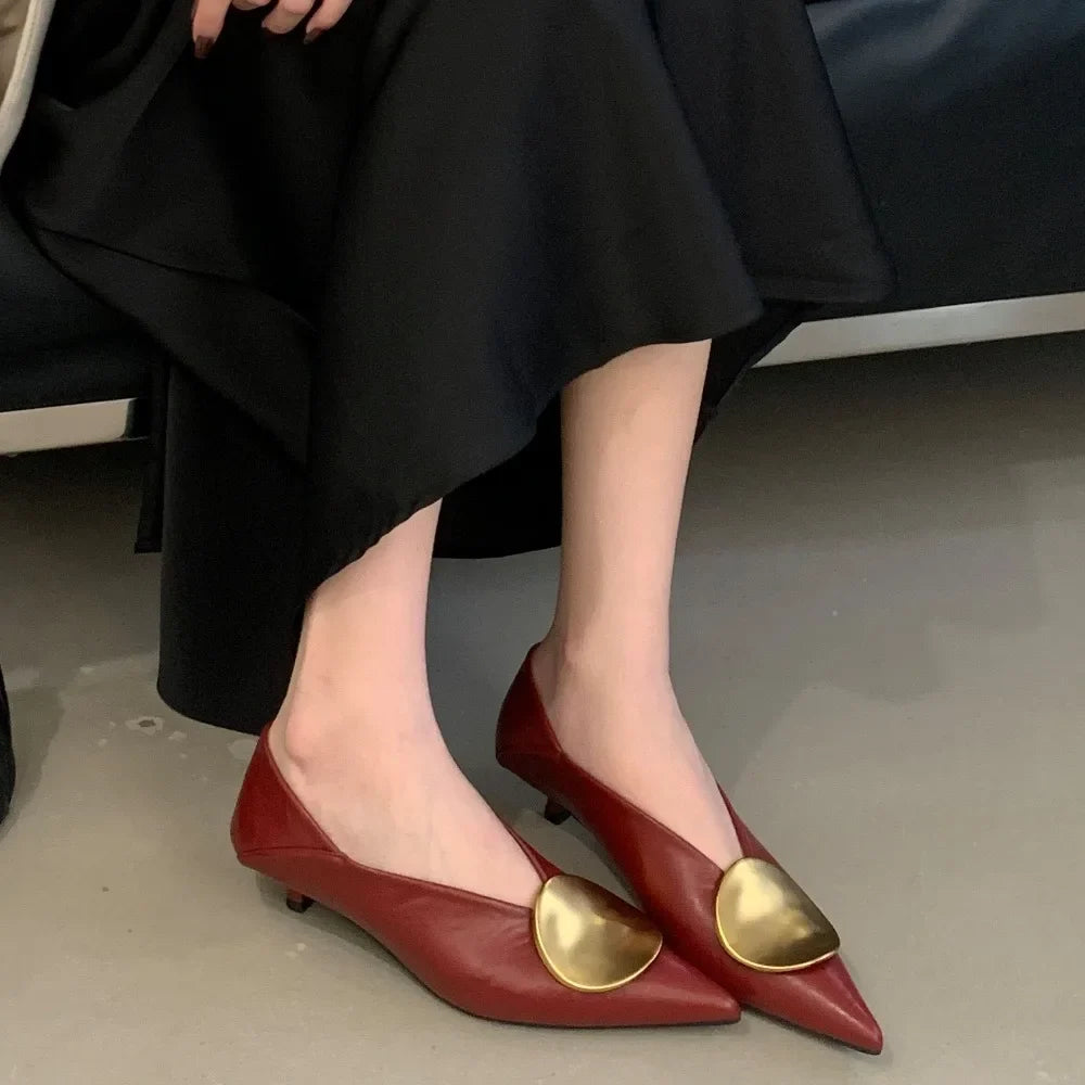 Elegant Leather Kitten Heel Pump for Women with Pointed Toe Gold Accent Sleek Style