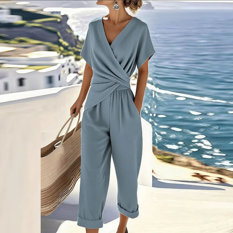 Effortless Wrap Jumpsuit for Women with V Neck Short Sleeve Wide Leg Twist Waist Relaxed Style