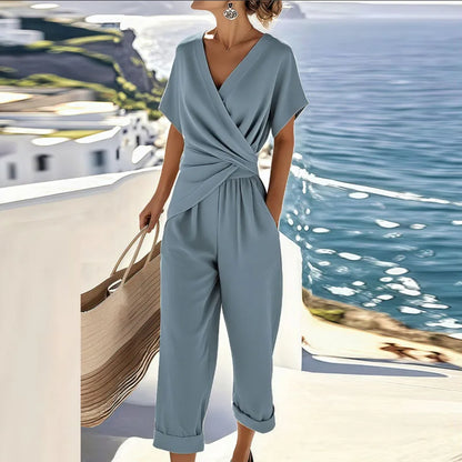 Effortless Wrap Jumpsuit for Women with V Neck Short Sleeve Wide Leg Twist Waist Relaxed Style