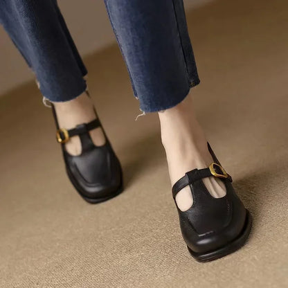 Elegant Leather Mary Jane Loafers for Women with T Strap Buckle Square Toe Block Heel Vintage Style