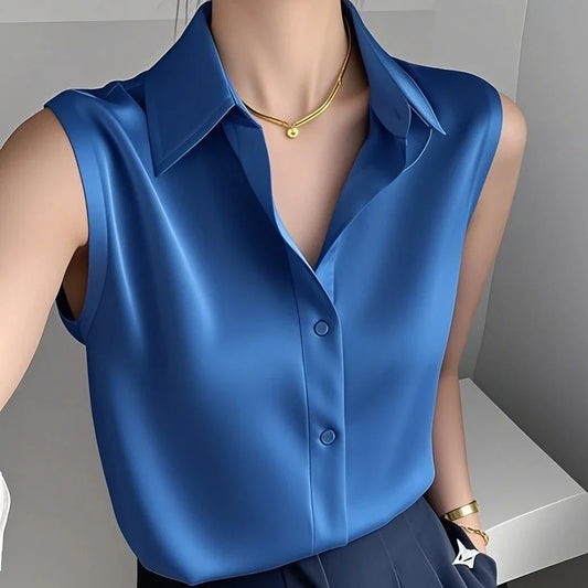 Elegant Satin Blouse for Women with Point Collar Sleeveless Button Front Silky Style