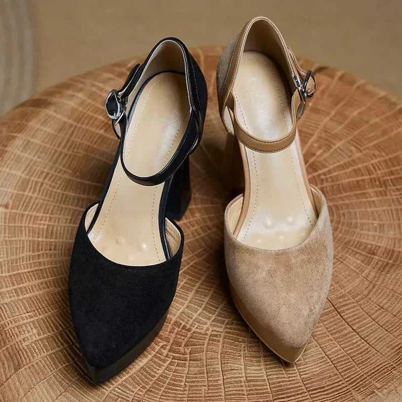 Stylish Suede Platform Pumps for Women with Mary Jane Buckle Strap Chunky Heel Style