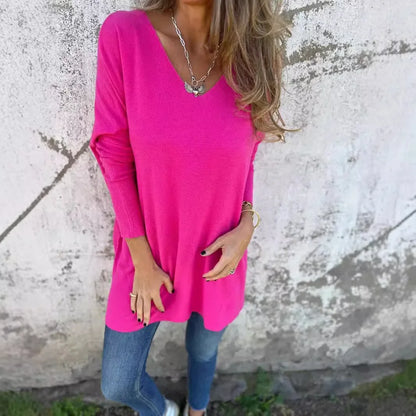 Comfortable Ribbed Knit Sweater Tunic for Women with V Neck Long Sleeve Oversized Relaxed Style