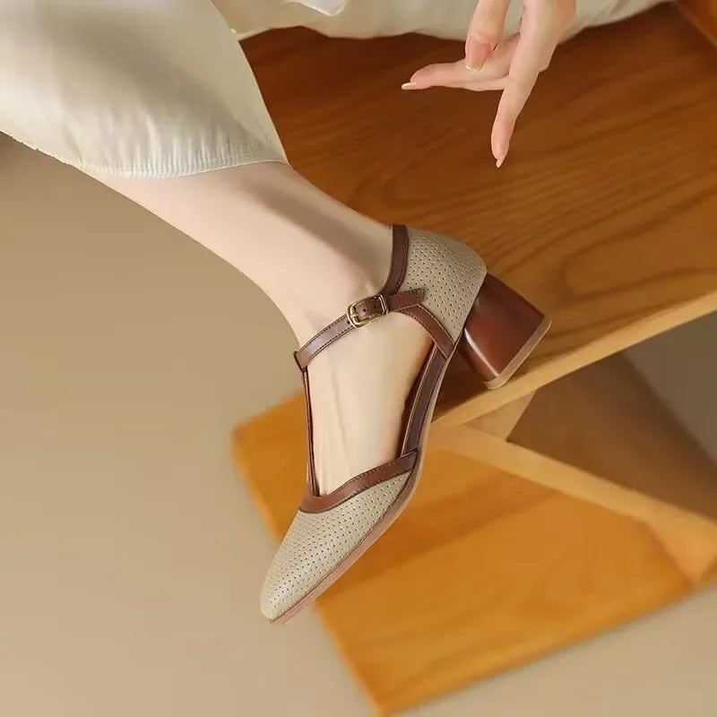 Elegant Perforated Leather Mary Jane Heels for Women with Square Toe T Strap Buckle Block Heel Style