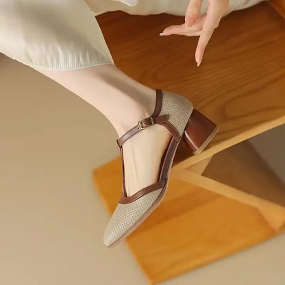 Elegant Perforated Leather Mary Jane Heels for Women with Square Toe T Strap Buckle Block Heel Style