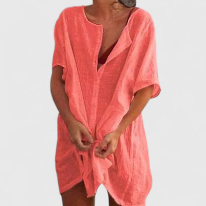 Effortless Linen Cover Up Dress for Women with V Neck Short Sleeve Button Front Relaxed Style