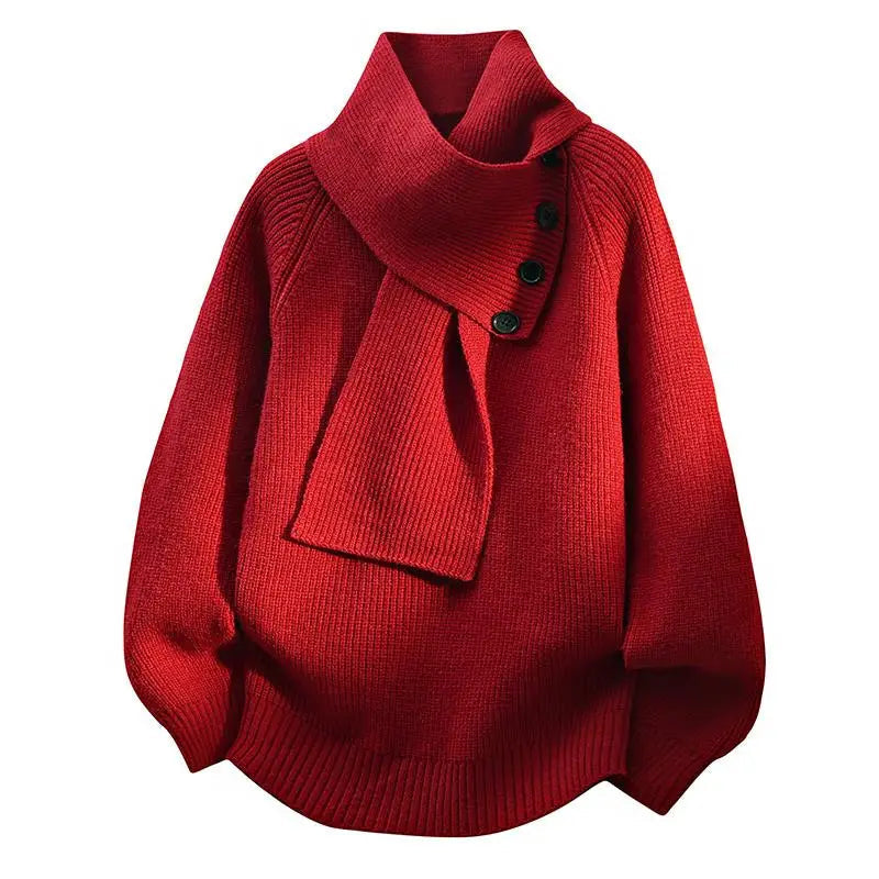 Comfortable Knit Sweater for Women with Asymmetrical Collar Batwing Sleeve Button Detail Relaxed Style