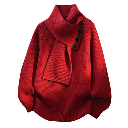 Comfortable Knit Sweater for Women with Asymmetrical Collar Batwing Sleeve Button Detail Relaxed Style