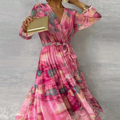 Effortless Pink Watercolor Maxi Dress for Women with V Neck Bell Sleeve Wrap Tiered Ruffle Bohemian Style