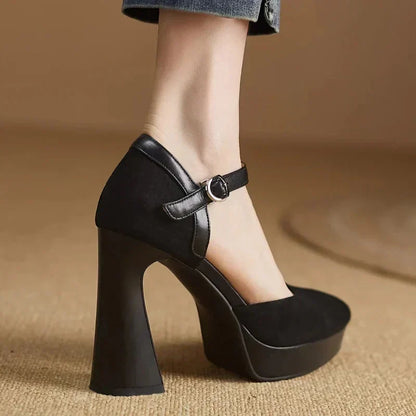 Stylish Suede Platform Pumps for Women with Mary Jane Buckle Strap Chunky Heel Style