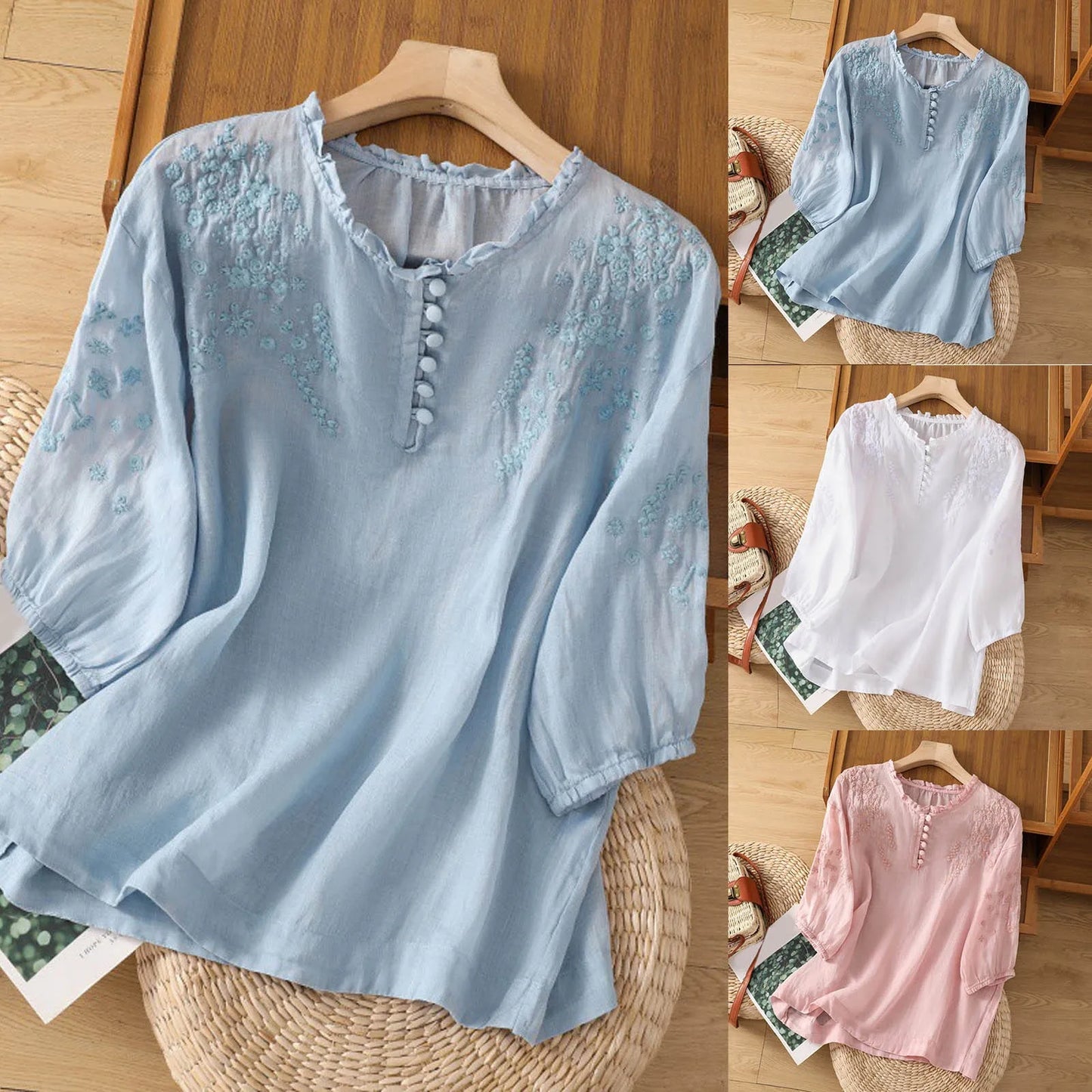 Effortless Embroidered Floral Blouse for Women with Ruffle V Neck Elbow Sleeve Button Front Boho Style