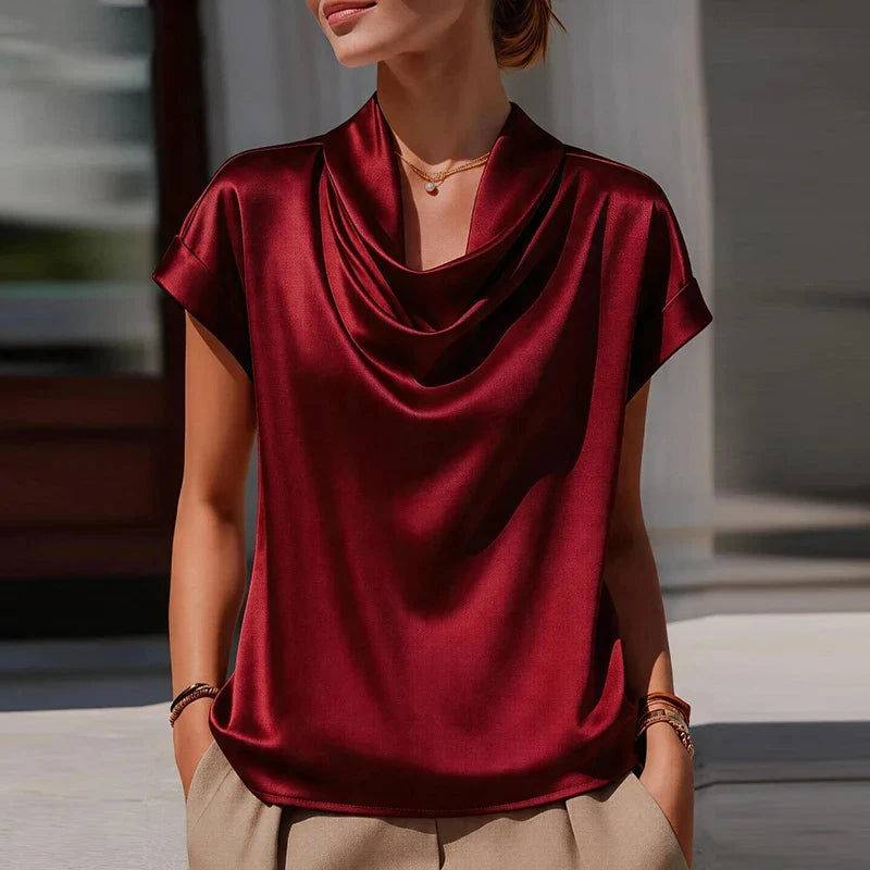 Elegant Satin Blouse for Women with Cowl Neck Cap Sleeve Draped Silky Style