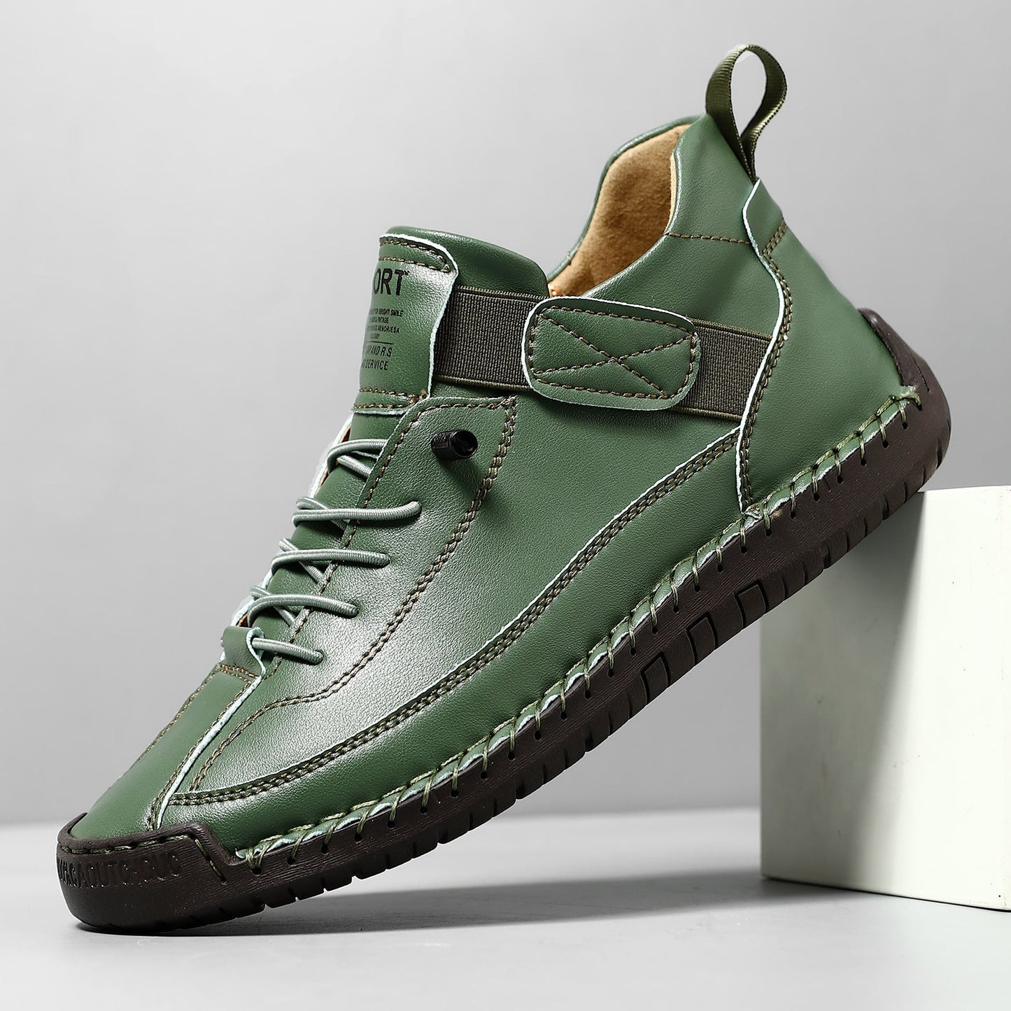 Comfortable Leather Fashion Sneaker for Women with Lace Up Velcro Strap Hand Stitched Casual Style