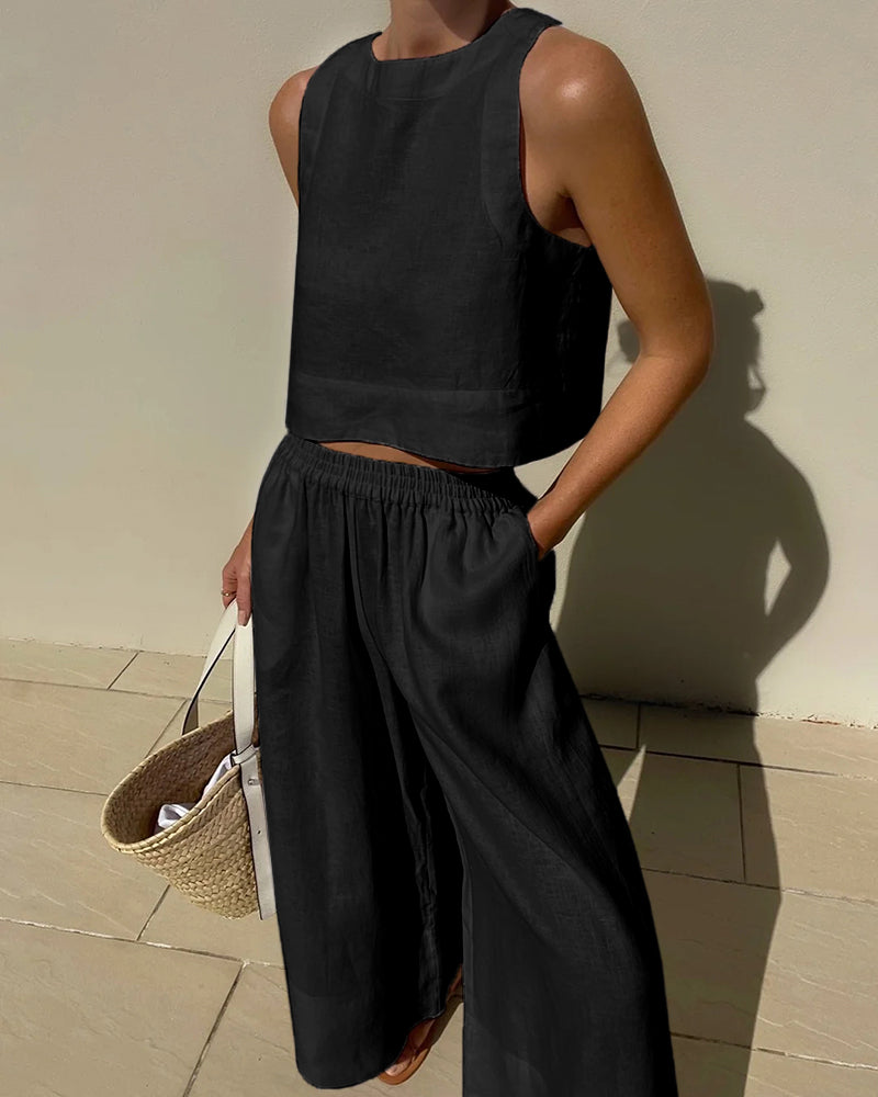 Effortless Linen Wide Leg Set for Women with Square Neck Sleeveless Cropped Two Piece Style