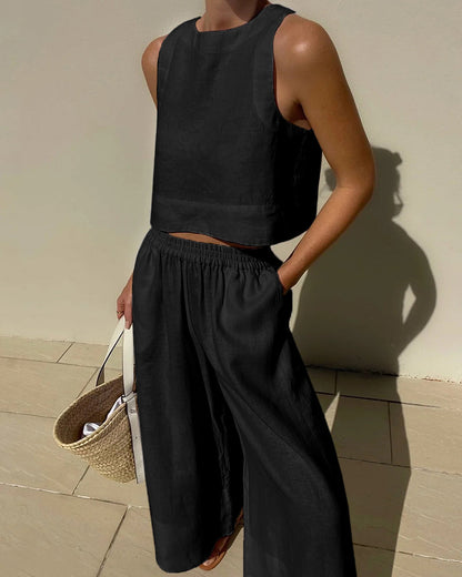 Effortless Linen Wide Leg Set for Women with Square Neck Sleeveless Cropped Two Piece Style