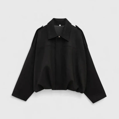 Effortless Suede Cropped Jacket for Women with Collar Long Sleeve Bubble Hem Oversized Relaxed Style