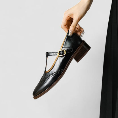 Elegant Leather Mary Jane Shoe for Women with T Strap Buckle Wingtip Brogue Style