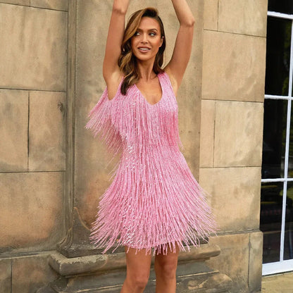 Elegant Sequin Fringe Mini Dress for Women with V Neck Sleeveless Tiered Flapper Style
