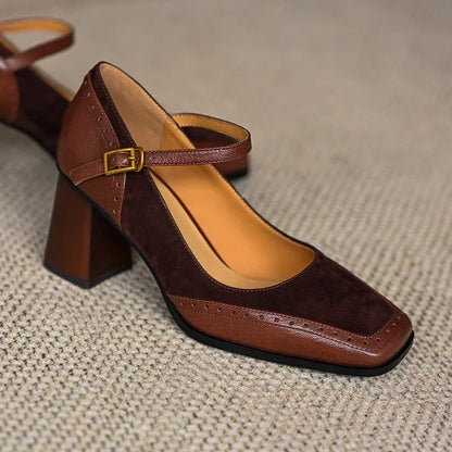 Elegant Leather Suede Mary Jane Pumps for Women with Buckle Strap Brogue Trim Block Heel Casual Style