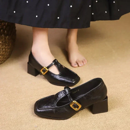 Elegant Leather Mary Jane Pumps for Women with Square Toe T Strap Block Heel Vintage Style