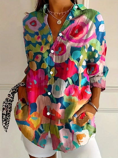 Effortless Floral Print Blouse for Women with V Neck Long Sleeve Button Front Relaxed Style