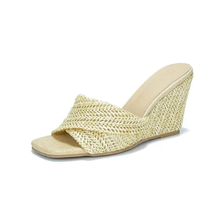 Stylish Woven Raffia Wedge Sandal for Women with Crisscross Open Toe Braided Strap Platform Style