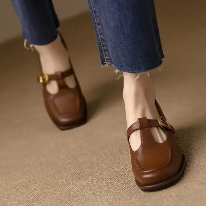 Elegant Leather Mary Jane Loafers for Women with T Strap Buckle Square Toe Block Heel Vintage Style