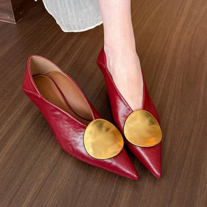 Elegant Leather Kitten Heel Pump for Women with Pointed Toe Gold Accent Sleek Style