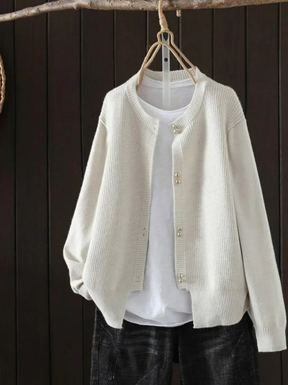 Comfortable Ribbed Cardigan for Women with Round Neck Long Sleeve Pearl Button Relaxed Oversized Knit Style