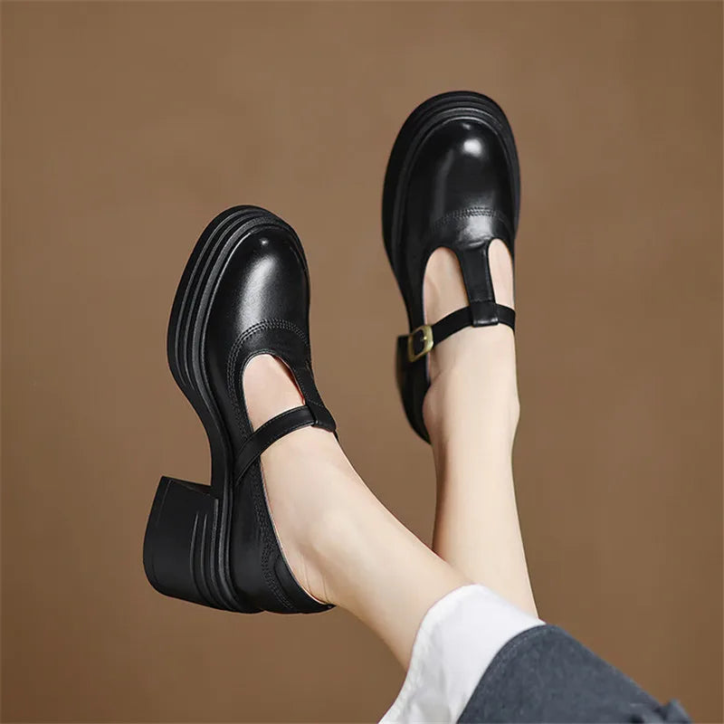 Stylish Leather Mary Jane Shoes for Women with T Strap Buckle Platform Chunky Heel Vintage Style