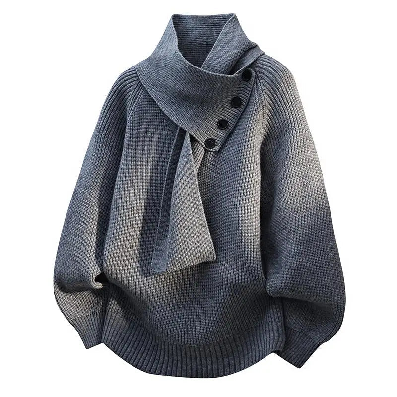 Comfortable Knit Sweater for Women with Asymmetrical Collar Batwing Sleeve Button Detail Relaxed Style