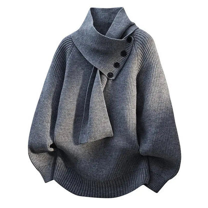 Comfortable Knit Sweater for Women with Asymmetrical Collar Batwing Sleeve Button Detail Relaxed Style