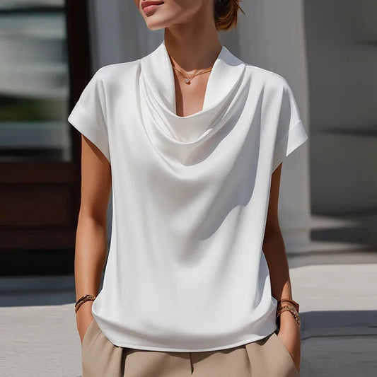 Elegant Satin Blouse for Women with Cowl Neck Cap Sleeve Draped Silky Style