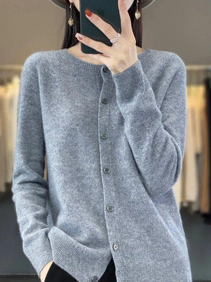 Comfortable Cardigan Sweater for Women with Round Neck Long Sleeve Button Front Relaxed Knit Style