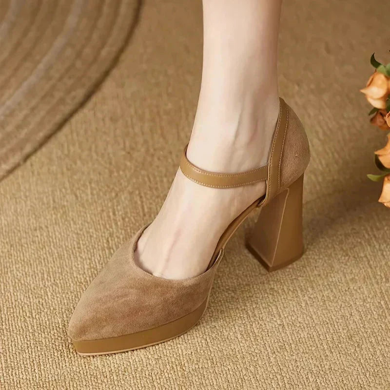 Stylish Suede Platform Pumps for Women with Mary Jane Buckle Strap Chunky Heel Style