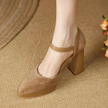 Stylish Suede Platform Pumps for Women with Mary Jane Buckle Strap Chunky Heel Style