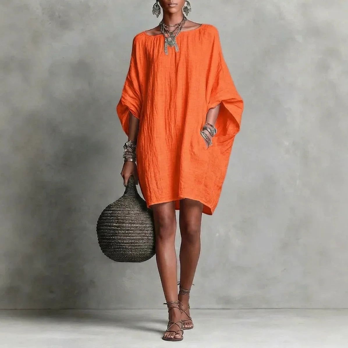 Effortless Linen Mini Dress for Women with Scoop Neck Batwing Sleeve Oversized Boho Style