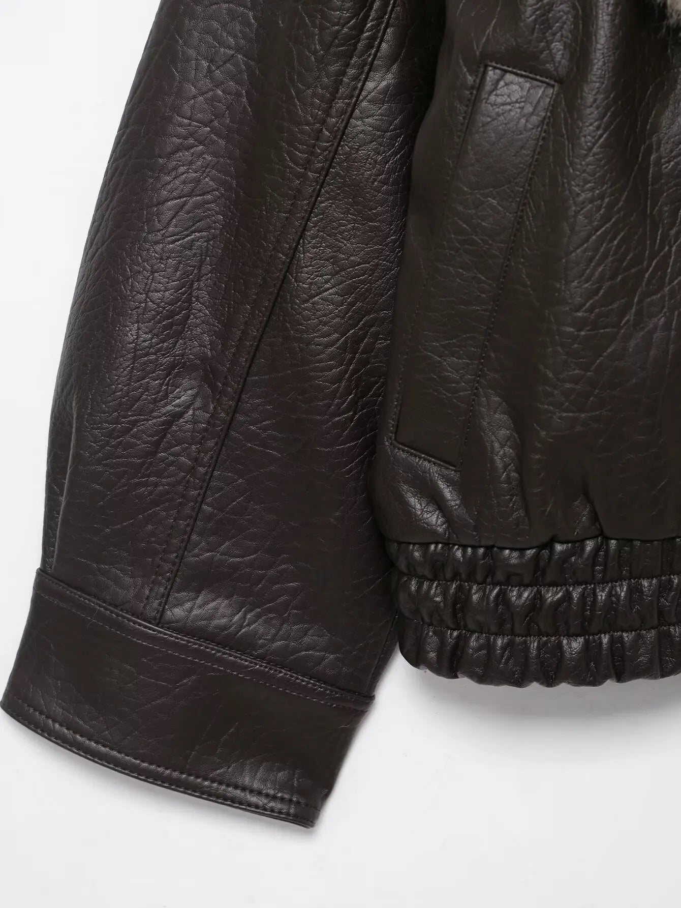 Stylish Leather Bomber Jacket for Women with Faux Fur Collar Long Sleeve Snap Button Relaxed Style