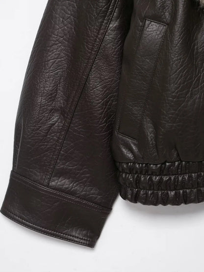 Stylish Leather Bomber Jacket for Women with Faux Fur Collar Long Sleeve Snap Button Relaxed Style
