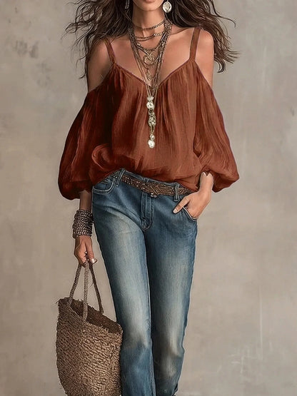 Effortless Cotton Gauze Blouse for Women with V Neck Cold Shoulder Balloon Sleeve Bohemian Style